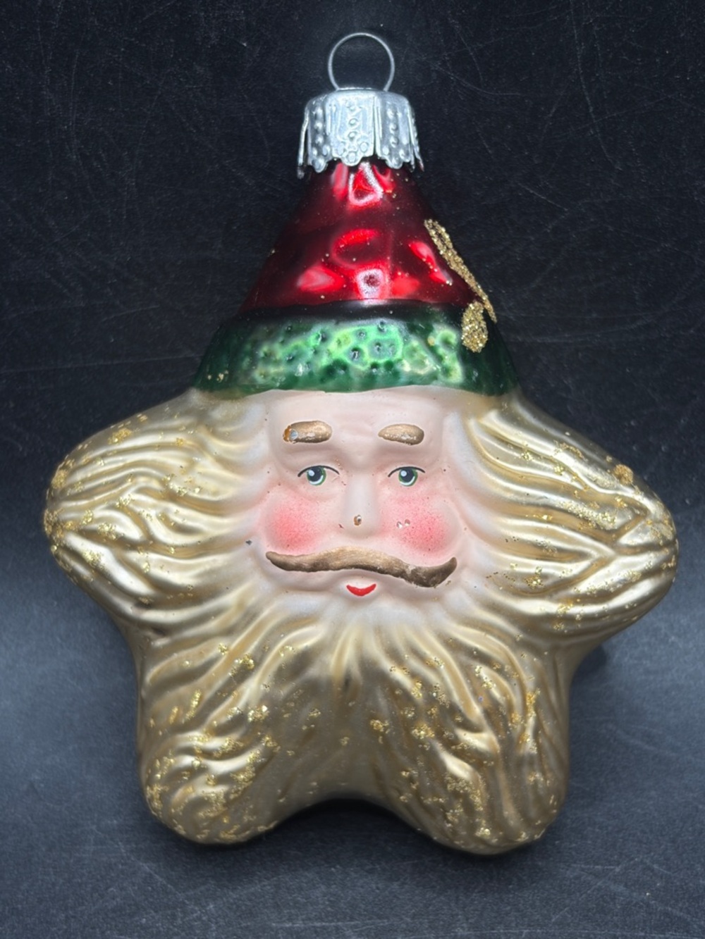 Vintage Hand Decorated Art Glass Star Santa Starry Santa Claus Face Ornament